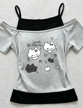 Top para niñas preadolescentes estilo casual y de moda, creativo y personalizado, fresco y lindo, con estampado de conejo, lazo, gato perezoso, forma - Shein - FashionsVida