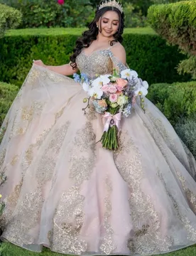 Light Champagne Quinceanera Dress off-shoulder Golden Glitter Crystal Decal Long tail Bow vestidos de 15 Quinceanera ﻿Customize - Aliexpress - FashionsVida