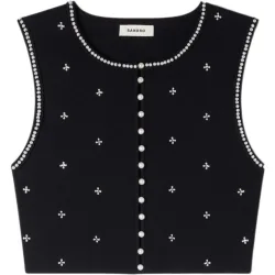 Top de mujer corto de punto bordado con strass y perlas
