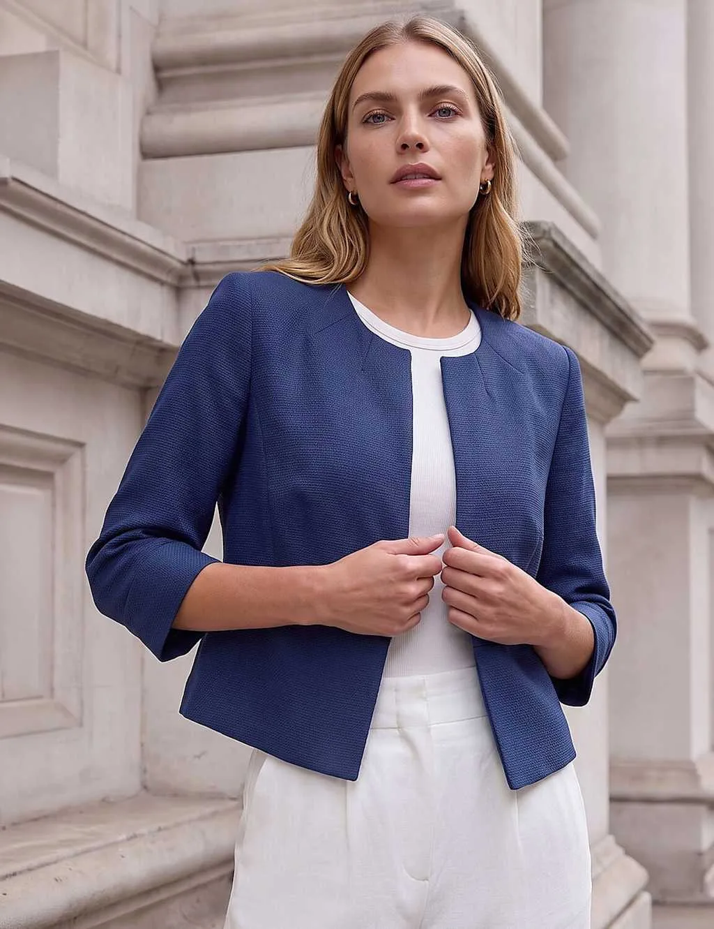 Textured Cropped Tailored Jacket Navy female - Roman - FashionsVida