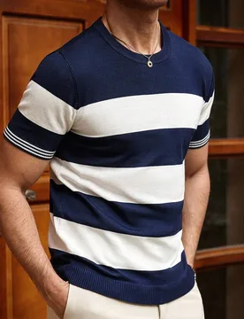 Suéter de cuello redondo de manga corta casual de punto a rayas para hombre S - Shein - FashionsVida