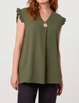 Gold Button Detail Frill Top - S/M / KHAKI - female - Blue Vanilla - FashionsVida