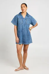 Womens Boxy Short Sleeve Denim Dress - Blue - Size 10 Uk
