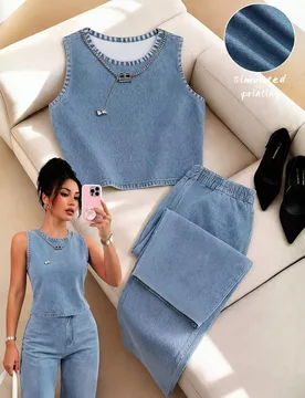 Conjunto de 2 piezas de top sin mangas y pantalones de moda casual azul para mujer, primavera/verano, top azul, atuendos de trabajo, conjuntos casuale - Shein - FashionsVida