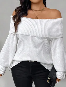 Suéter de mujer talla grande Celure de unicolor elegante con mangas farol caídas del hombro, para otoño e invierno, para el Día de Acción de Grac - Shein - FashionsVida