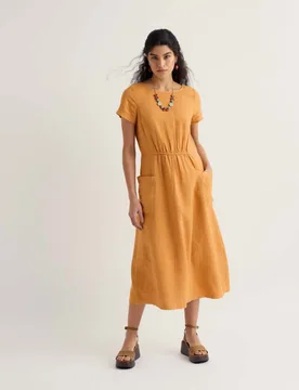 Pure Linen Round Neck Midi Waisted Dress Yellow female - Seasalt cornwall - FashionsVida