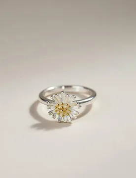 Women's Silver Daisy Adjustable Slim Stackable Floral Ring Size: Small - Silver - Size: S - The Colourful Aura - FashionsVida