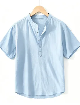 Summer Solid Color Men's Stand-up Collar Cotton and Linen Short-sleeved Shirt Thin Breathable and Versatile - Aliexpress - FashionsVida