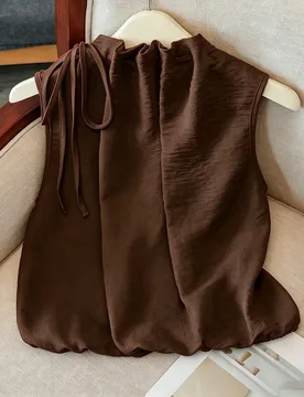 Blusa blanca elegante sin mangas, de cintura elástica, cuello suelto con cordón, de tejido texturizado para mujeres, primavera/verano M - Shein - FashionsVida