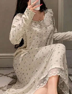 Vestido largo holgado de manga larga con ribete de encaje floral dulce, atuendo de verano, camisón para mujer M - Shein - FashionsVida