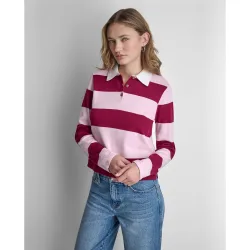 Polo de mujer de manga larga, escote de botones y estampado de rayas