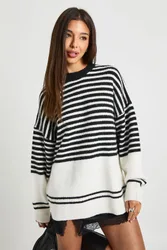 Womens Mixed Stripe Oversized Jumper - Black - Size Large