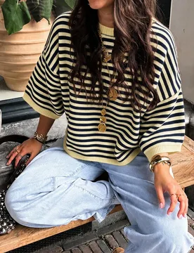 Top de punto nuevo para mujer MORI otoño/invierno, jersey de cuello redondo de manga corta a rayas amarillas y negras, estilo casual para otoño L - Shein - FashionsVida