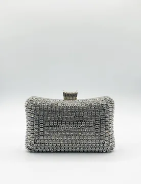 Women's Silver Diamante Clutch Bag - Silver - Size: One Size - SVNX - FashionsVida