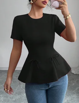 Blusa casual y elegante de mujer con cuello redondo, cintura ceñida, diseño de lazo y cremallera en la espalda, de manga corta, en colores lisos, pa - Shein - FashionsVida