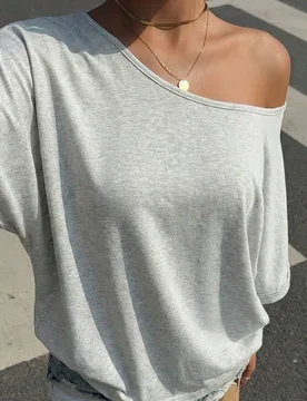 Camiseta de manga corta de punto gris claro de corte holgado para mujer, blusa de verano gris de corte holgado, blusas grises holgadas, blusas oversiz - Shein - FashionsVida