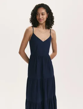 Pure Cotton V-Neck Strappy Midi Tiered Dress Navy female - Finery London - FashionsVida