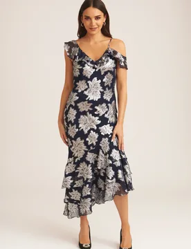 Womens Floral Clipped Tiered Ruffle Midi Dress - Navy - Size 14 Uk - Gini London - FashionsVida
