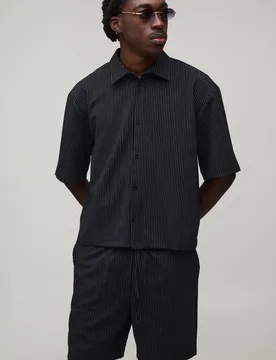 Mens Pinstripe Boxy Oversized Shirt & Short Set - Black - Size Medium - boohooMAN - FashionsVida