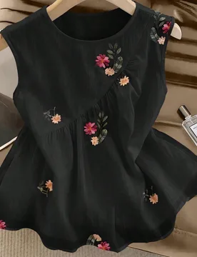 Blusa sin mangas de gasa con estampado floral negro para mujer, blusa de picnic de verano linda, ropa de oficina delicada con volantes bordados, vacac - Shein - FashionsVida