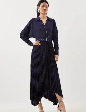 Womens Petite Jersey And Georgette Mix Belted Pleat Midi Dress - Navy - Karen millen - FashionsVida