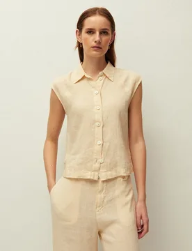 Camisa de lino de mujer con cuello camisero y manga corta - System Action - FashionsVida