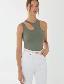 Womens Asymmetrical Collar Crop Top - Green - Size X-Large - Hiccup - FashionsVida