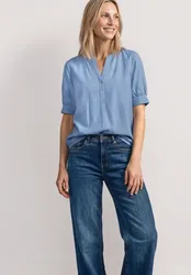 Kurzarm Bluse mit Split Neck und Elastiksaum female Blau