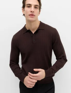 Cotton Blend Smart Rib Knit Polo Shirt Bordeaux male - M&S - FashionsVida