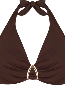 Top de bikini halter atado al cuello y estampado lisco en color marron oscuro - Dolores Cortés - FashionsVida