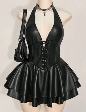 Vestido mini negro con espalda abierta, correas cruzadas y cuello de halter de piel sintética (PU) para mujer talla grande, estilo de moda Y2K para c - Shein - FashionsVida