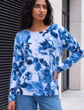 Women's Fluffy Floral Print Knit Jumper in Blue Size: 16 - Blue - Size: 16 - Roman - FashionsVida