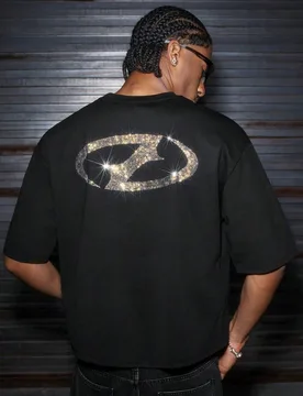 Camiseta de manga corta casual y holgada con cuello redondo y patrón geométrico de rhinestones para hombre M - Shein - FashionsVida