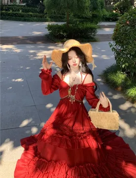 A long-sleeved red dress with halter neck and one-shoulder design that makes the skin fairer - Aliexpress - FashionsVida