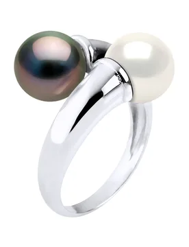 Womens - Ring You & Me - Real Freshwater Pearls And Tahitian - White - Natural Silver - Size R - Diadema - FashionsVida
