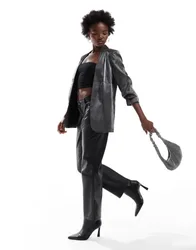 Womens Ruched Sleeve Blazer In Metallic Black - Size Small