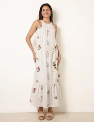 Halter Neck Embroidered Dress - L / STONE - female