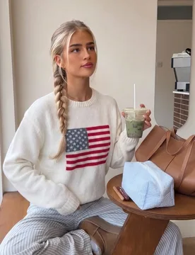 Suéter de punto LUBI para mujer con manga larga y patrón de bandera estadounidense, estilo vintage americano, casual para uso diario, blanco, primav - Shein - FashionsVida