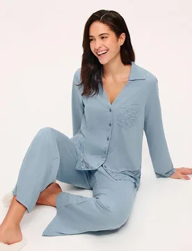 Conjunto de pijama suave de 100% algodón puro estilo azul con encaje elegante, top abotonado y pantalones, ropa de estar en casa para mujer, aireado - Shein - FashionsVida