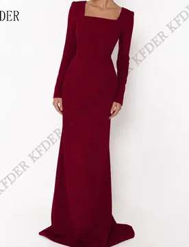 Wine Red Square Neck Evening Dresses Simple Long Sleeves Elegant Modern Prom Gowns robe de soirée Customized Party Dress - Aliexpress - FashionsVida