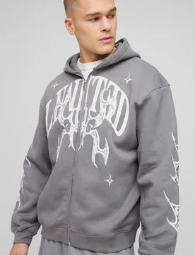 Mens Oversized Zip Through Limited Graphic Hoodie - Charcoal Cotton - Size Medium - boohooMAN - FashionsVida