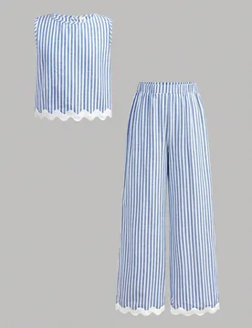 Conjunto de top sin mangas con rayas blancas y pantalones de pierna recta para niña preadolescente, elegante estilo boho para vacaciones de verano, f - Shein - FashionsVida