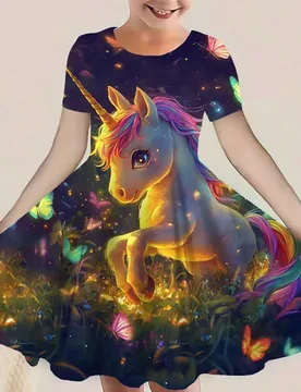 Vestido de túnica casual de verano con cuello redondo, manga corta, estampado 3D y detalles de aplicaciones para niña, vestido de princesa para niñ - Shein - FashionsVida