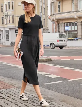 Street One Midi-Kleid mit Rundhals und Strukturmix female Schwarz - Street One Studio - FashionsVida