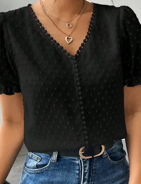 Blusa de mujer de unicolor con cuello en V con volantes y mangas abullonadas con lunares suizos 0XL - Shein - FashionsVida
