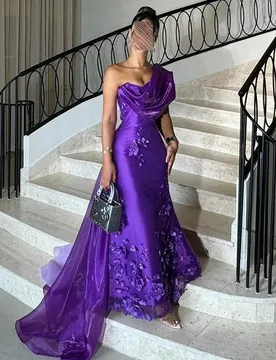 Vintage Purple Formal Evening Dress One Shoulder 3D Flowers Organza Mermaid Prom Pageant Party Gowns Arabic Robe De Soiree - Aliexpress - FashionsVida