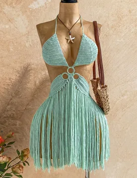 Vestido de mujer de unicolor con diseño de borlas, sexy, de punto y cuello halter M - Shein - FashionsVida
