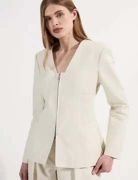 Women's Archive Collection - Tailored Cotton Pintuck Grosgrain Zip Front Blazer in Stone Size: 12 - Stone - Size: 12 - Karen millen - FashionsVida