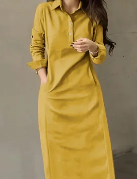 Nuevo Vestido Elegante de Moda Primavera/Otoño con Cuello Abatible, Botones y Manga Larga Estilo Árabe para Mujeres Amarillo L - Shein - FashionsVida
