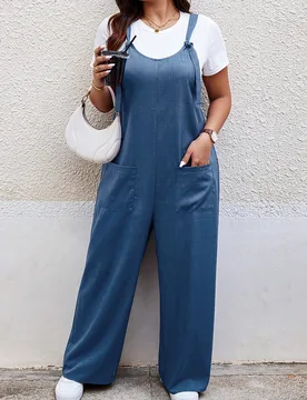 Mono holgado de tirantes para mujeres de talla grande para verano con unicolor y dos bolsillos 4XL - Shein - FashionsVida